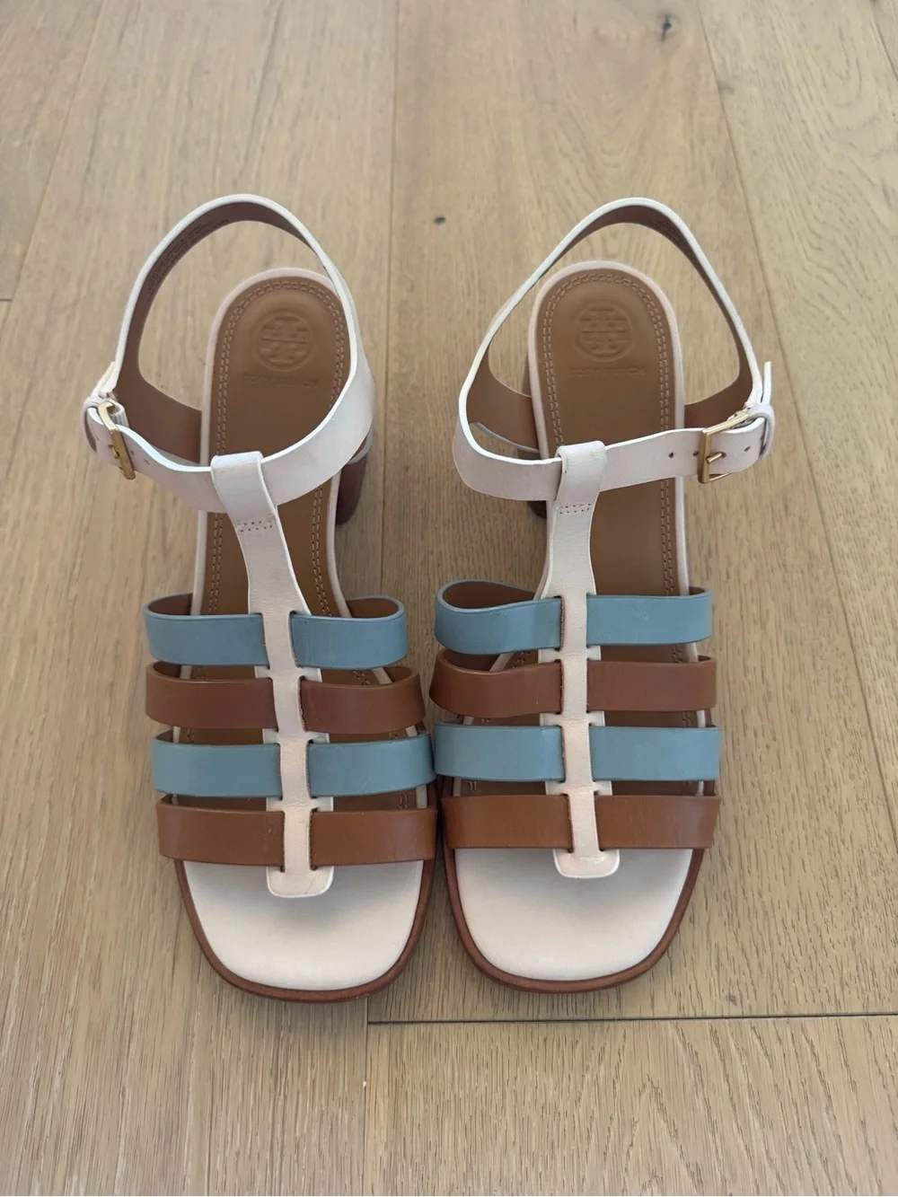 Tory Burch Multicolor Fisherman Block Heel Sandal - White, Light Blue & Brown